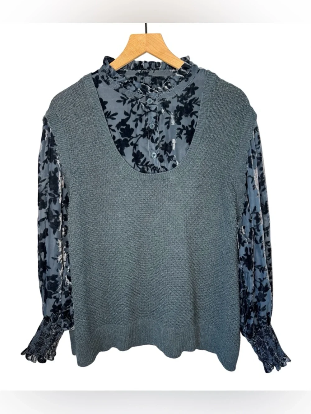 FATFACE Dark Teal Hadley 2 in 1 Devore Jumper Sweater Velvet Burnout Sz 18